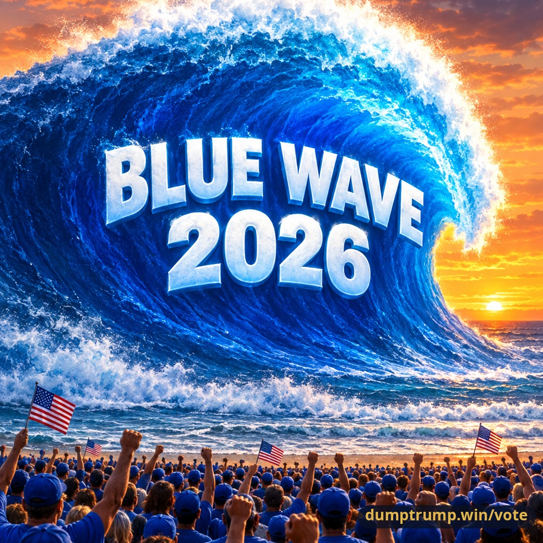 Blue Wave 2026: a towering blue wave over a crowd with raised fists and American flags. I'm a voter. Tuesday, November 3.