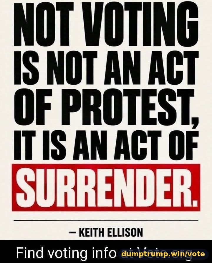 NOT VOTING IS NOT AN ACT OF PROTEST, ITIS AN ACT OF KEITH ELLISON Find voting info at Vote.org (meme text)