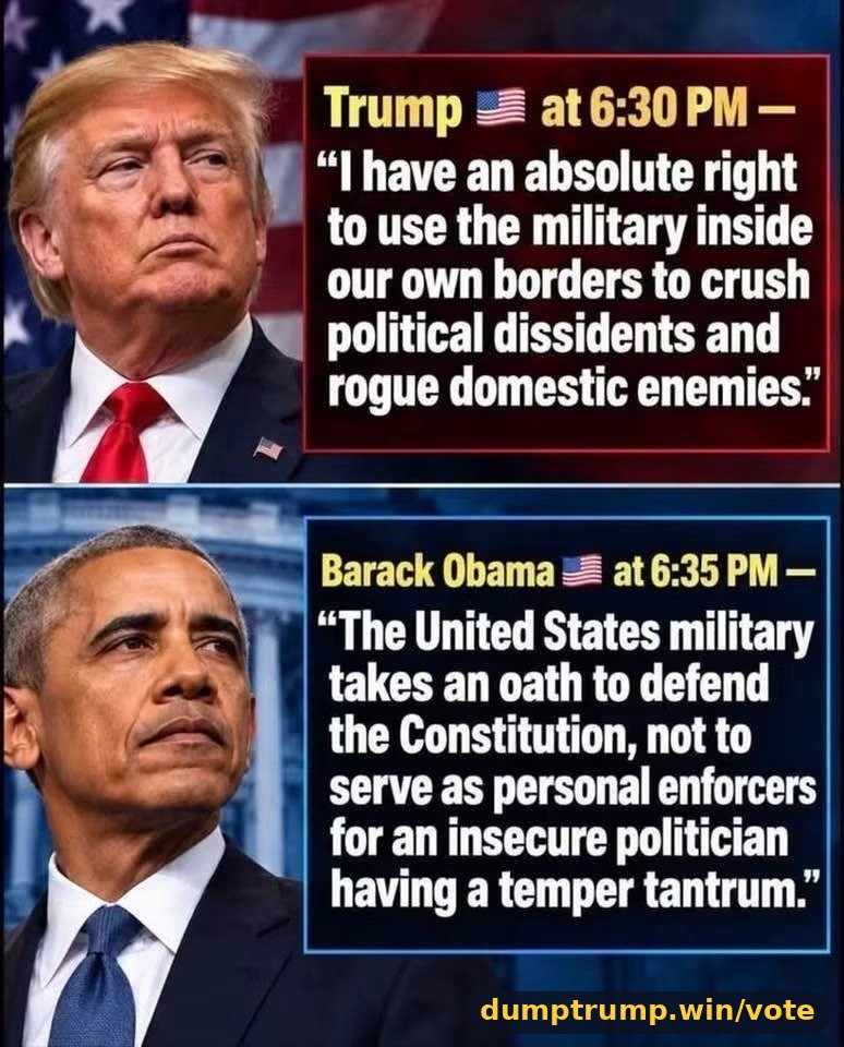 eS se Trump at 6:30 PM ae UJ have an absolute right Gees to use the military inside our own borders to crush political dissidents and rogue domestic enemies.’ “The United States (meme text)