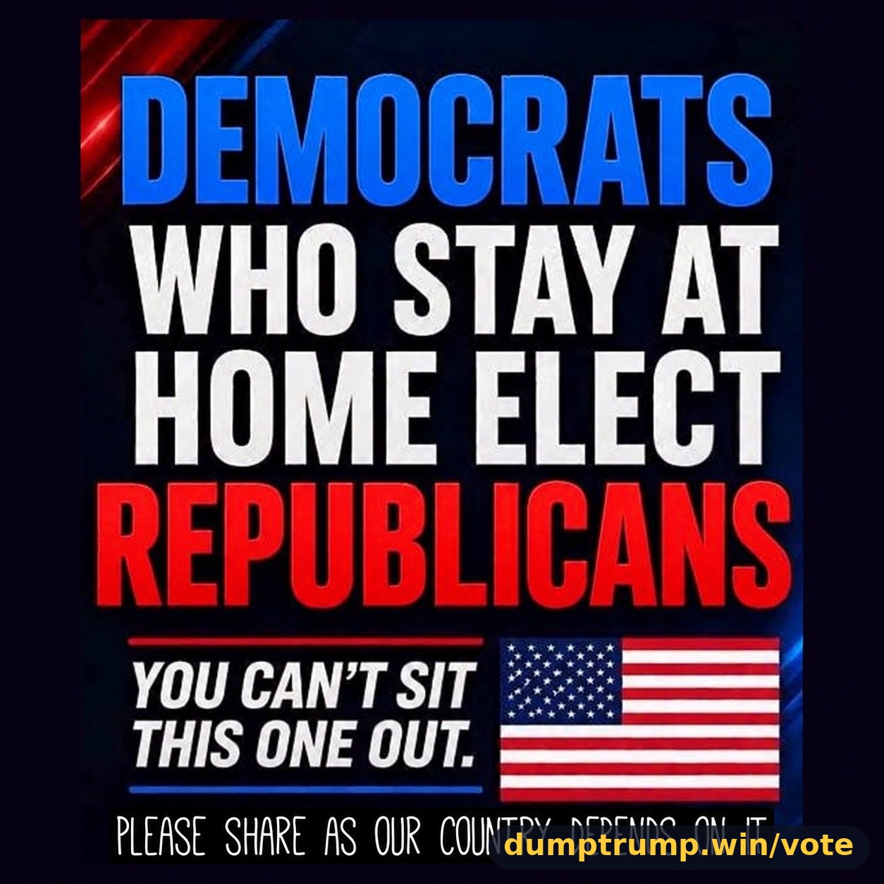 Poster meme: 'Democrats who stay at home elect Republicans. You can't sit this one out.' with an American flag.