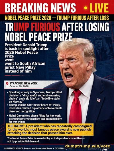 BREAKING NEWS TRU? -UPIUS AFTER LOSING NOBEL PEACE PR President Donald Trump is back in spotlight after 2026 Nobel Peace Prize went went to South African jurist Navi Pillay (meme text)